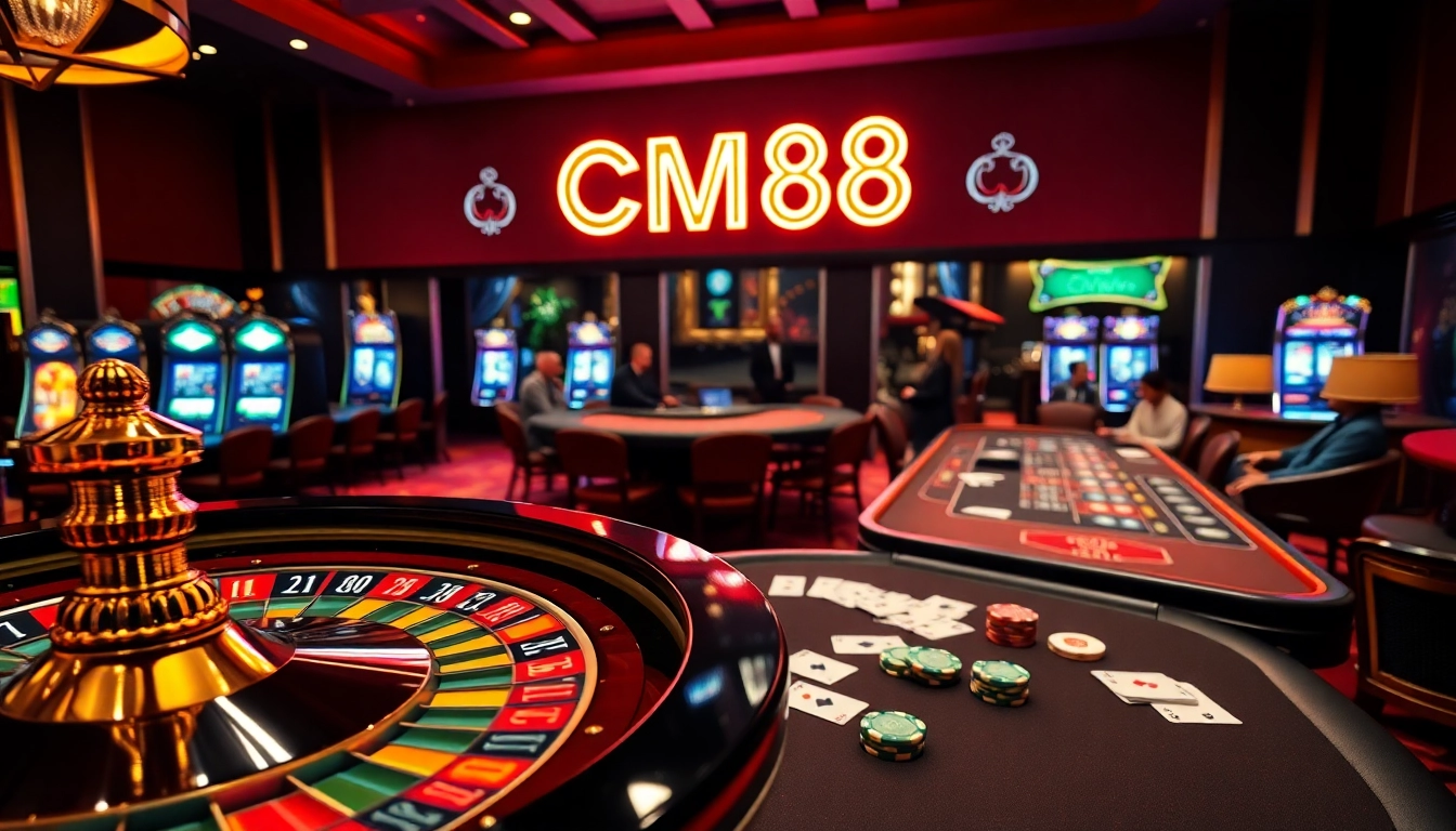 Engaging casino scene featuring CM88, vibrant roulette wheel and active players at a blackjack table.