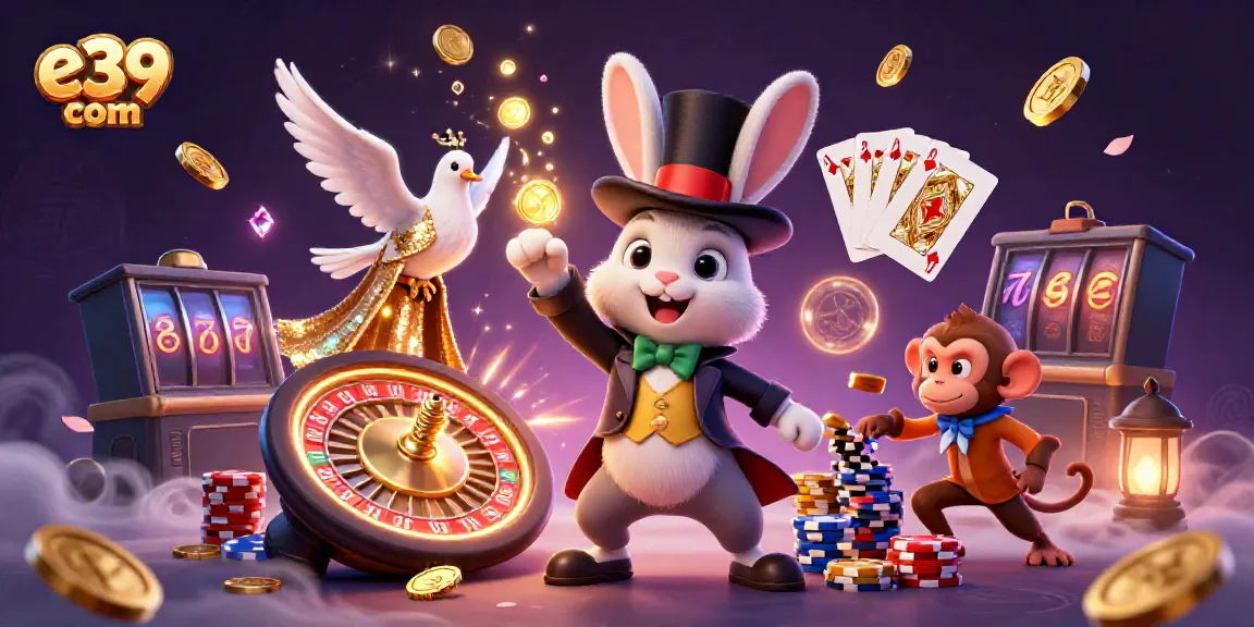 Experience the magic of e39 com with a whimsical 3D casino scene featuring a magician rabbit, colorful poker chips, and a roulette wheel.