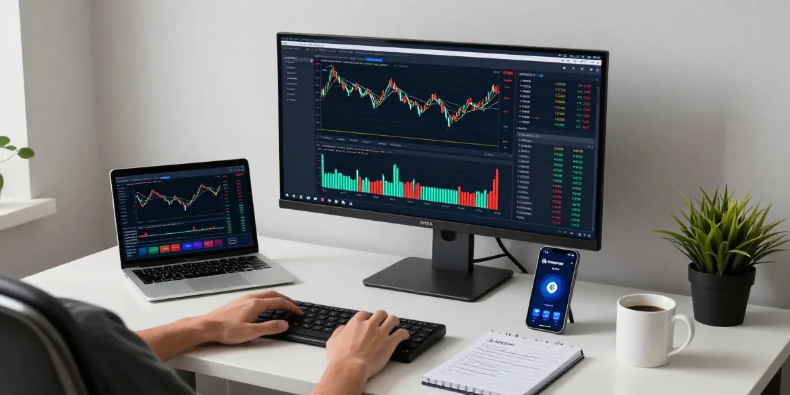 Flingeverx Bot interface for secure cryptocurrency trading with charts and DeFi insights in a modern office.