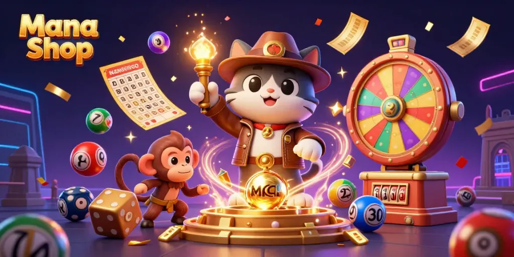 Eine dynamische Illustration von Mana Shop, wo ein Archäologen-Kätzchen und ein Affenbegleiter einen goldenen Casinoartefakt entdecken.