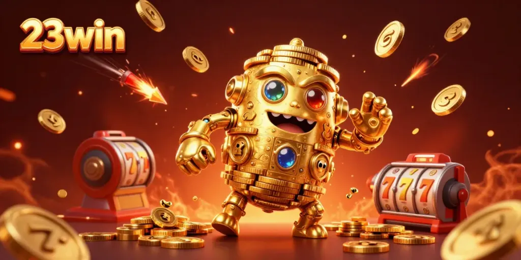 Exciting gameplay scene at 23win showcasing a captivating golden golem surrounded by spinning slot reels and golden confetti.