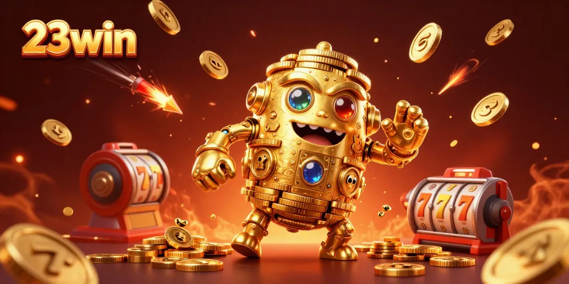 Exciting gameplay scene at 23win showcasing a captivating golden golem surrounded by spinning slot reels and golden confetti.