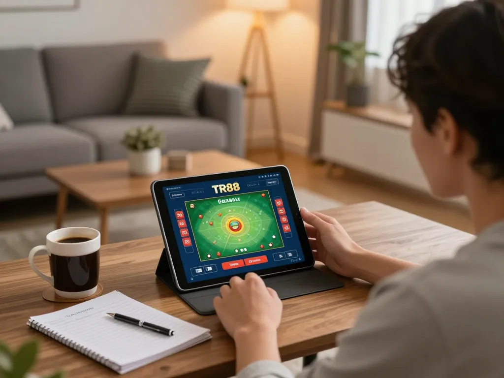 Engaging with TR88 online casino app in a cozy home setting, enjoying strategic gameplay.