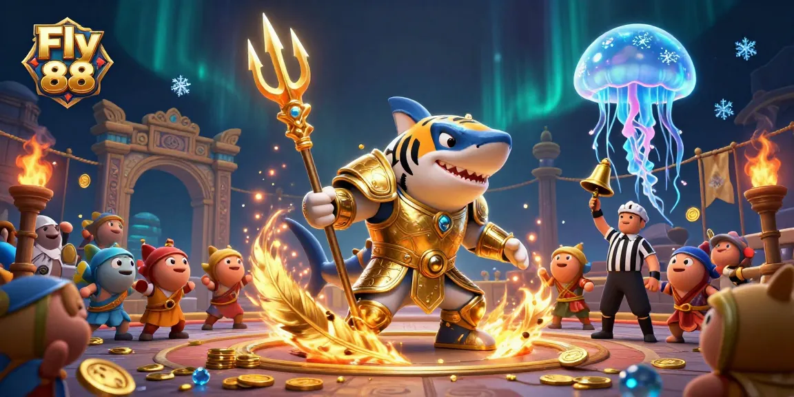 Engage with Fly 88's thrilling underwater casino adventure featuring a shark gladiator and exciting casino elements.