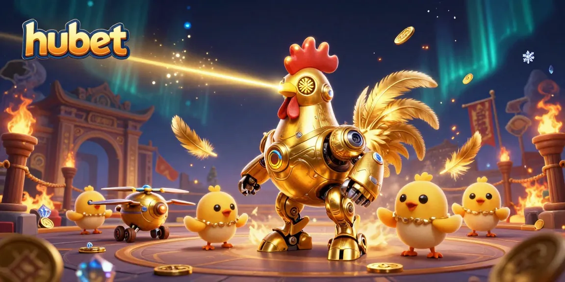 hubet's golden rooster robot leading a thrilling casino adventure with vibrant colors and dynamic elements