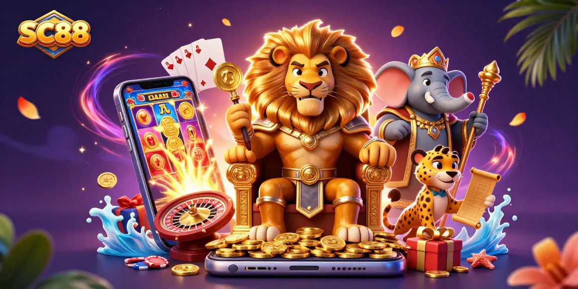 SC88 showcases vibrant casino characters amidst dynamic game elements shining with excitement.