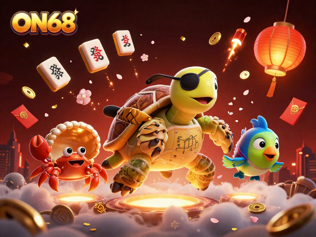 Experience thrilling adventures at ON68 with a pirate turtle and marine friends amidst festive gambling elements.