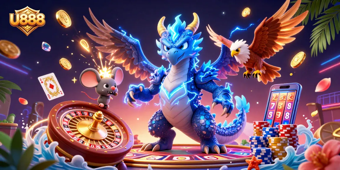 Experience exciting gameplay with U888 amidst cascading coins and vibrant casino elements.