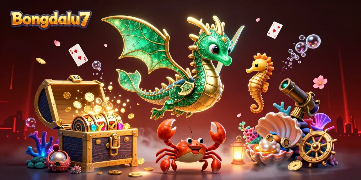 Bongdalu7 shores up excitement with emerald dragon and slot reels amidst a shimmering underwater scene.