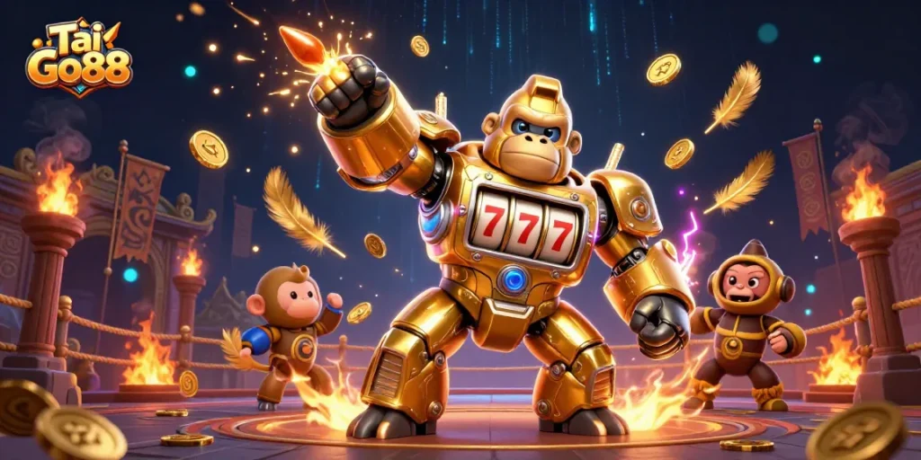 Experience exciting gameplay at Tai Go88 with a vibrant scene of a golden gorilla mech and energetic casino elements.