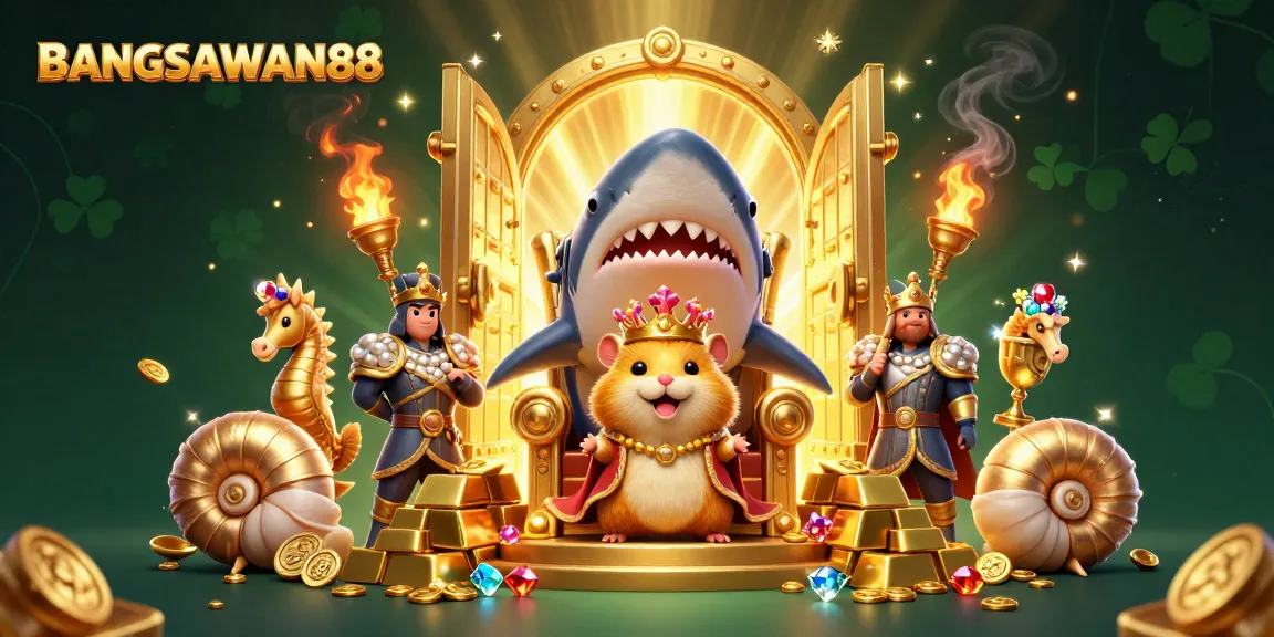 BANGSAWAN88 brings luck as a hamster king reigns over golden treasures in a vibrant casino scene.