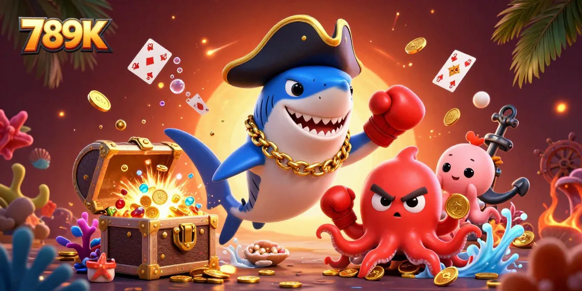 Engage with 789K by betting with vibrant elements, featuring a pirate shark and magical underwater treasures.