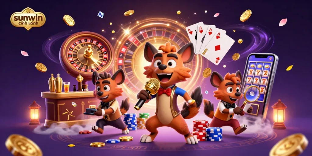 Experience vibrant luck and fun with sunwin chính hãng at this dynamic casino scene featuring hyenas.