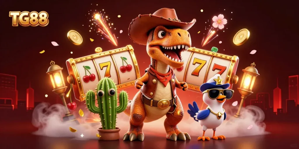 TG88 showcases an exciting casino scene with a dinosaur, cactus, and roadrunner amidst spinning slot reels and festive decorations.