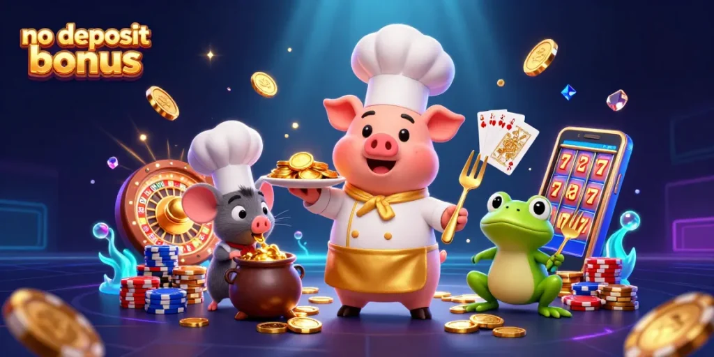 Experience thrilling no deposit bonus adventures with chef pig, sous-chef mouse, and critic frog amidst cascading riches.
