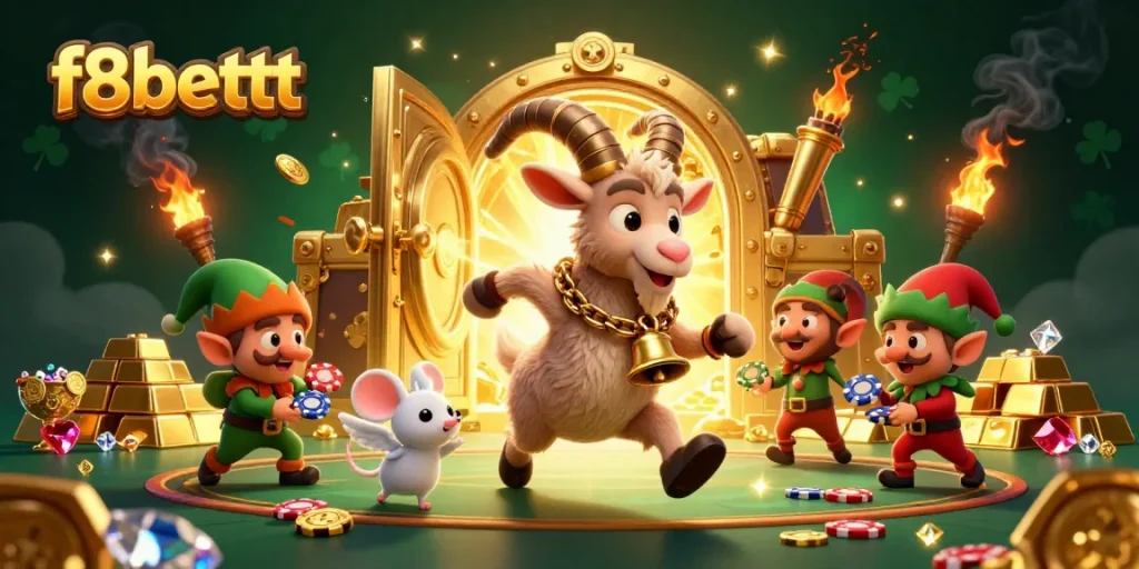 Experience thrilling gameplay at f8bettt with vibrant casino characters amidst treasures and excitement.
