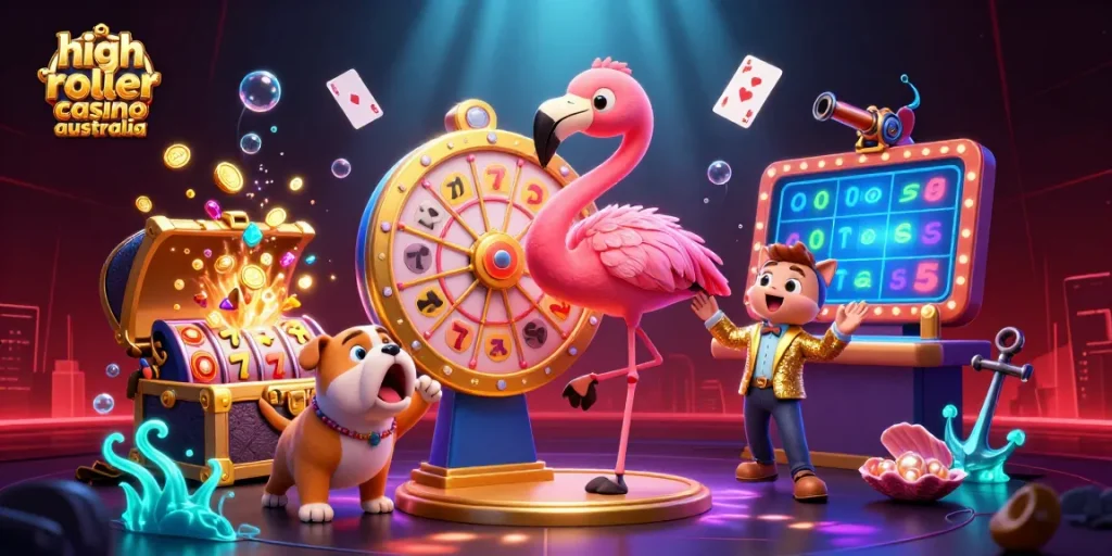 Experience excitement at high roller casino Australia with a vibrant scene featuring a game show host and prizes!