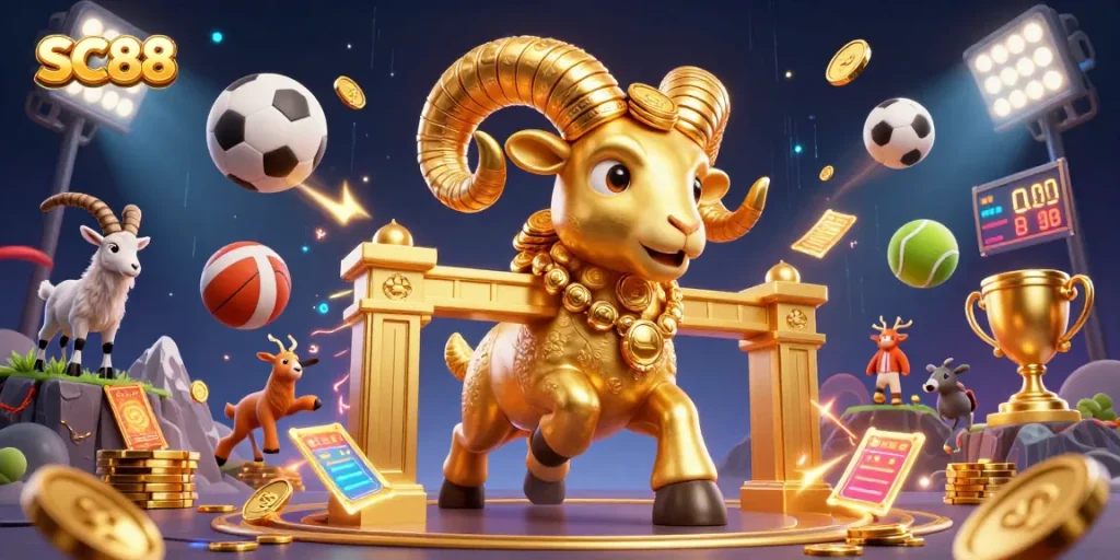 Experience SC88 with a dynamic 3D casino scene featuring a charging golden ram and sports elements.