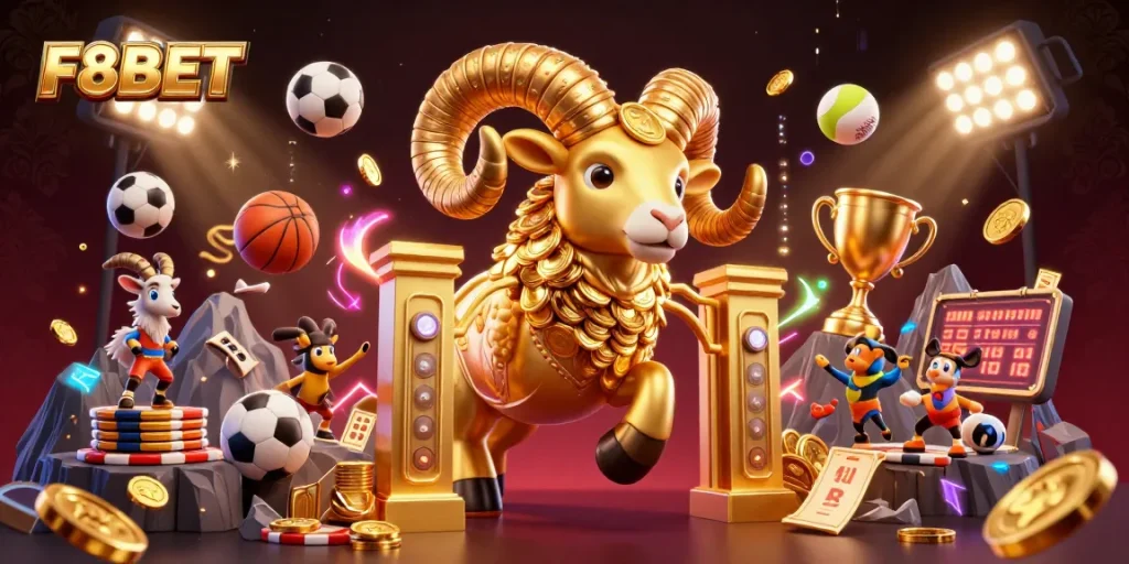 Experience thrilling moments at F8BET, where golden ram mascots charge through dynamic casino elements.