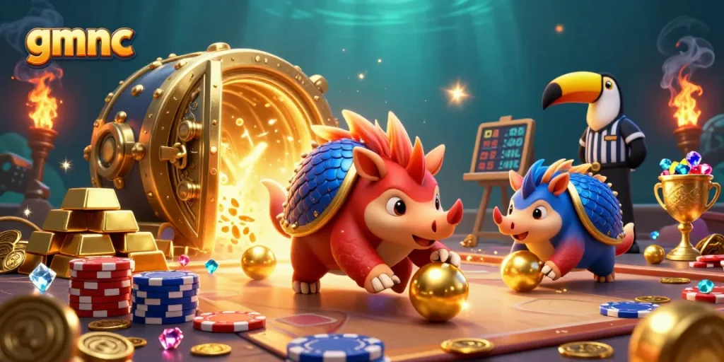 Watch the gmnc pangolins compete in a vibrant casino setting with golden treasures flying around.