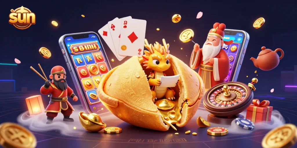 Win big with sun-themed slot games featuring golden fortune cookie characters.
